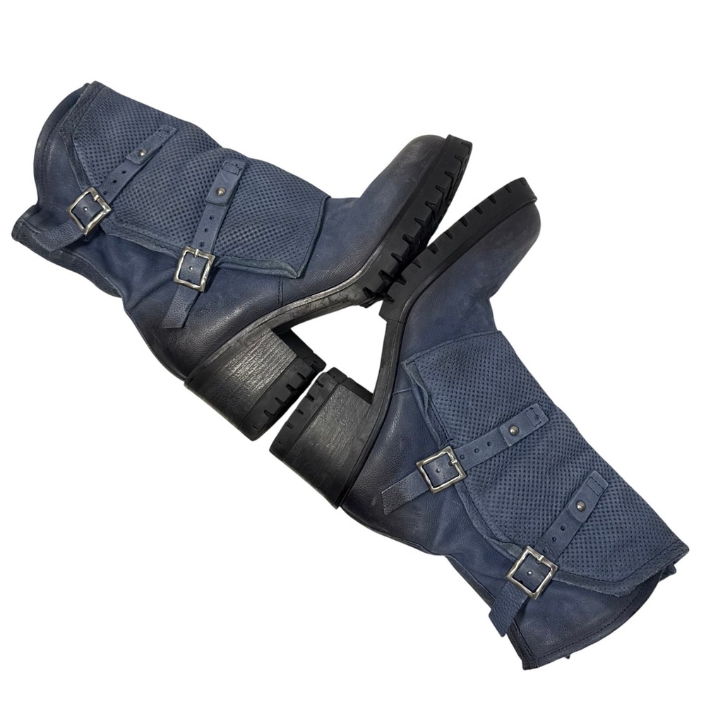 RARE Miz Mooz 8.5 Madena Dual Buckle Boot River Blue Leather Moto Steampunk Boho - Picture 4 of 10